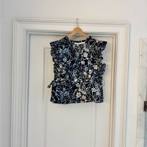 Marie Oliver Floral Ruffle Sleeve Top - Navy, blue and White